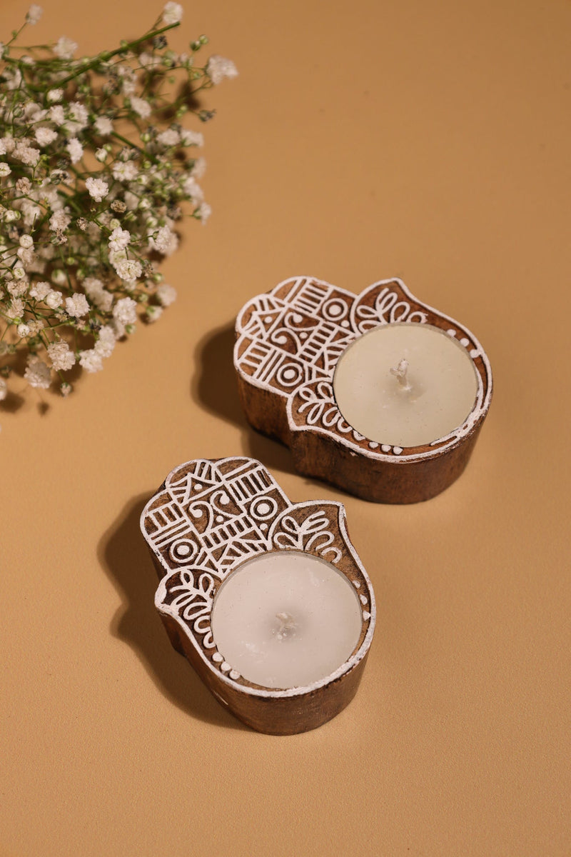 Alamkari India Hand-Carved Wooden Hamsa Tealight Holder