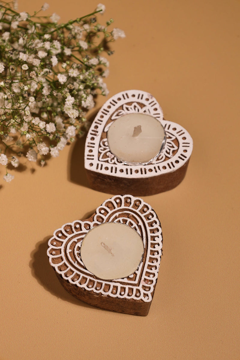 Alamkari India Heart Block Print Wooden Tealight Holder