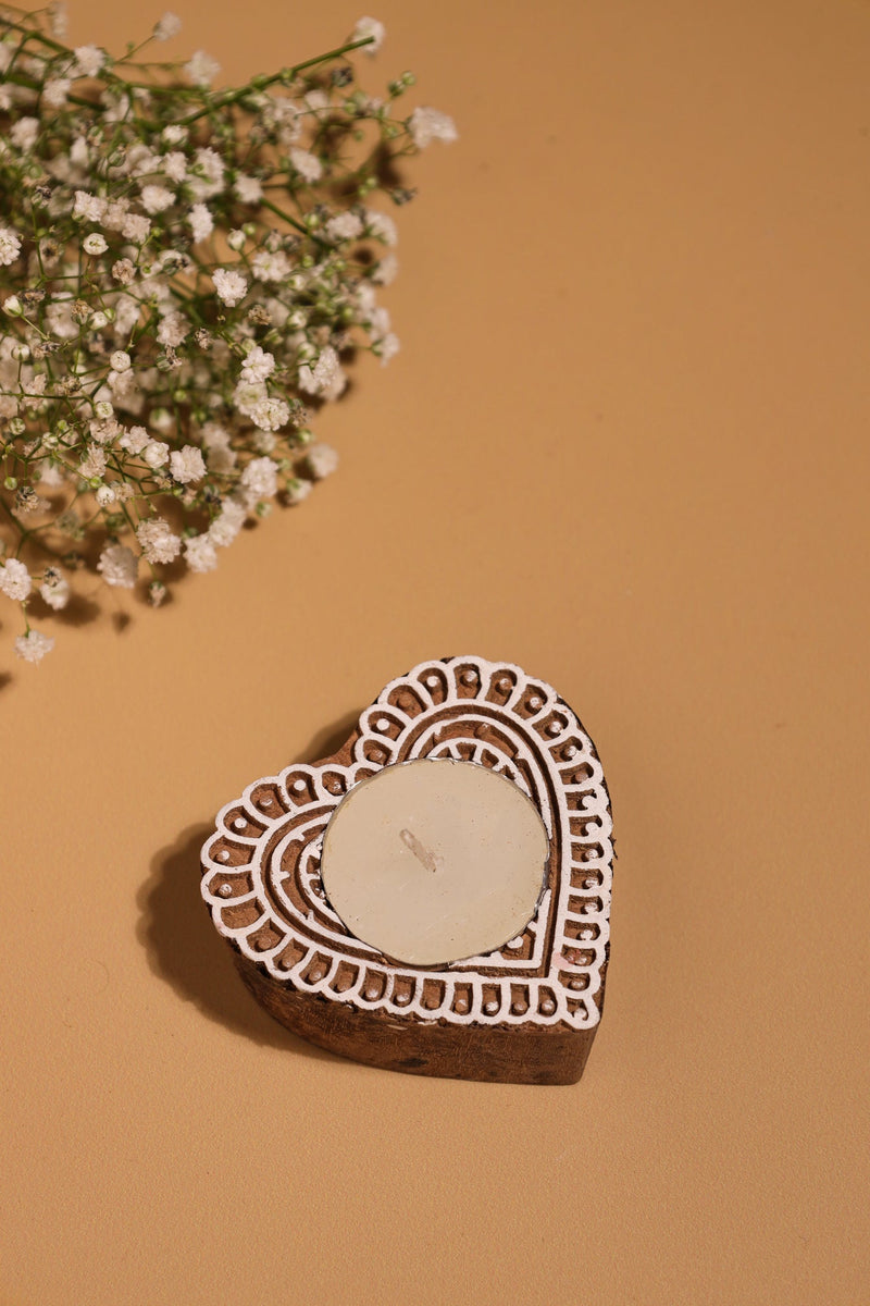 Alamkari India Heart Block Print Wooden Tealight Holder