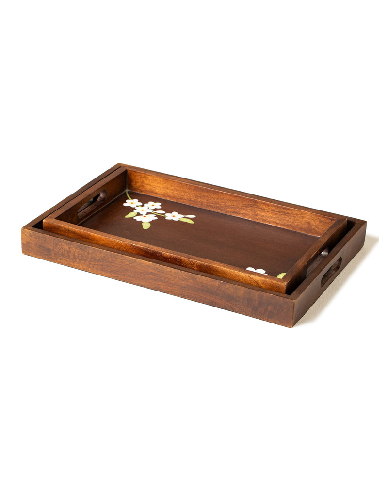 Alamkari India Ivory Wooden handpainted Tray with handles