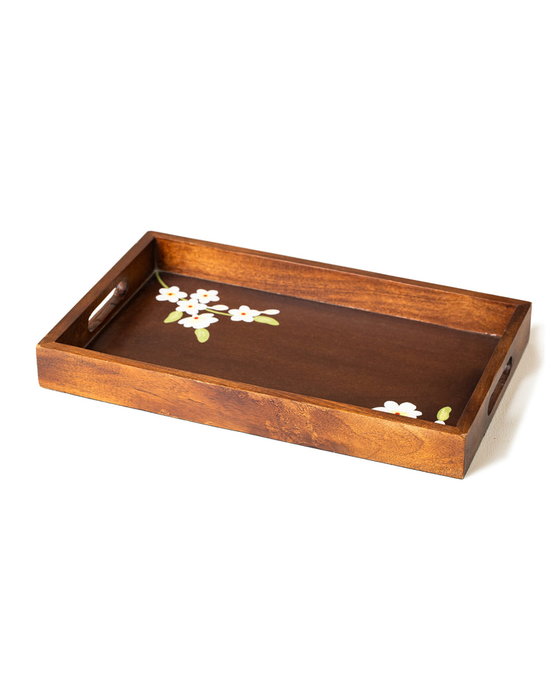 Alamkari India Ivory Wooden handpainted Tray with handles