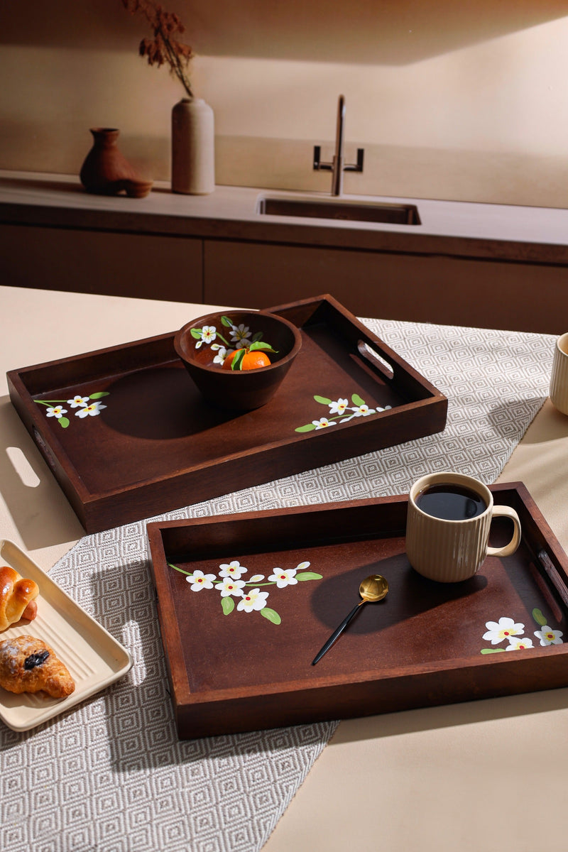 Alamkari India Ivory Wooden handpainted Tray with handles