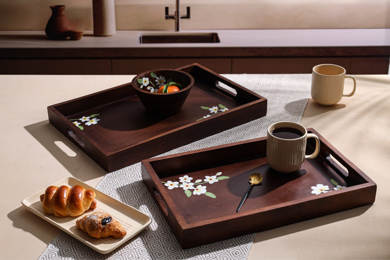 Alamkari India Ivory Wooden handpainted Tray with handles