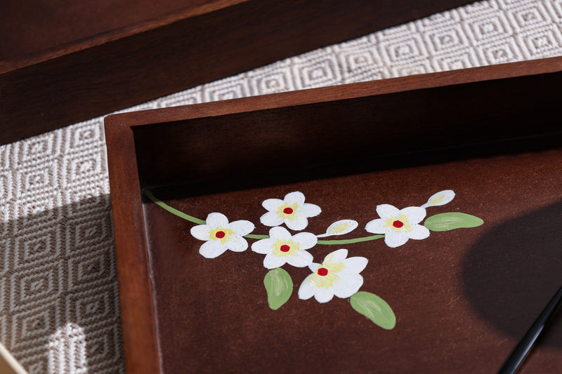 Alamkari India Ivory Wooden handpainted Tray with handles