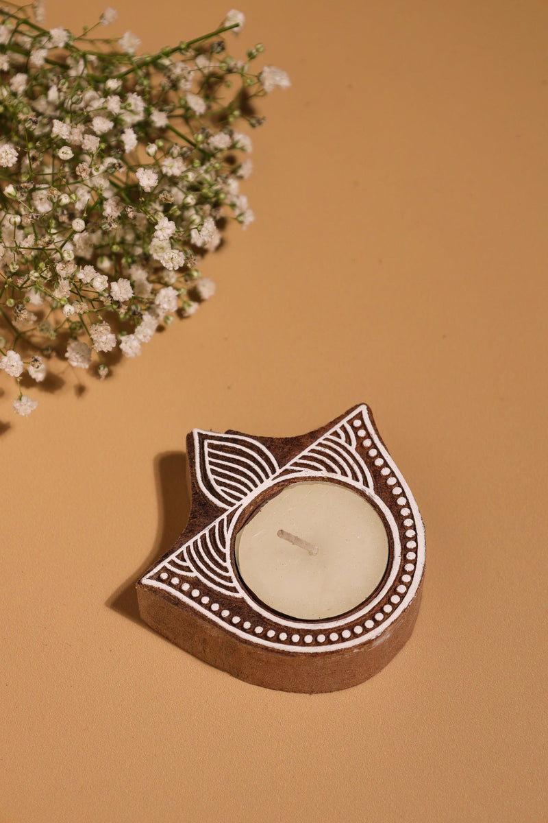 Alamkari India Lotus Block Print Wooden Tealight Holder