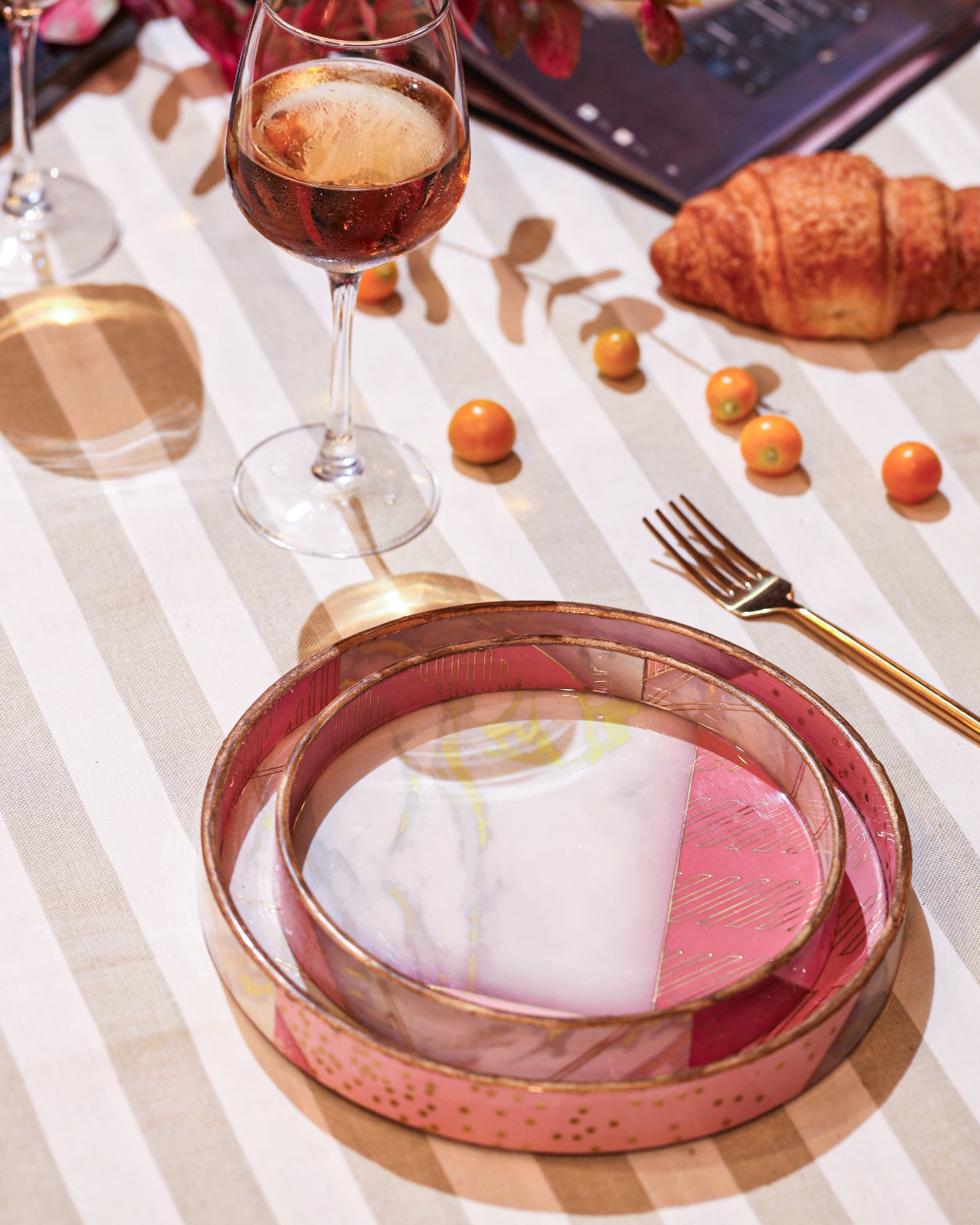 Alamkari India MDF Wood Blush Marble Serving Tray Set