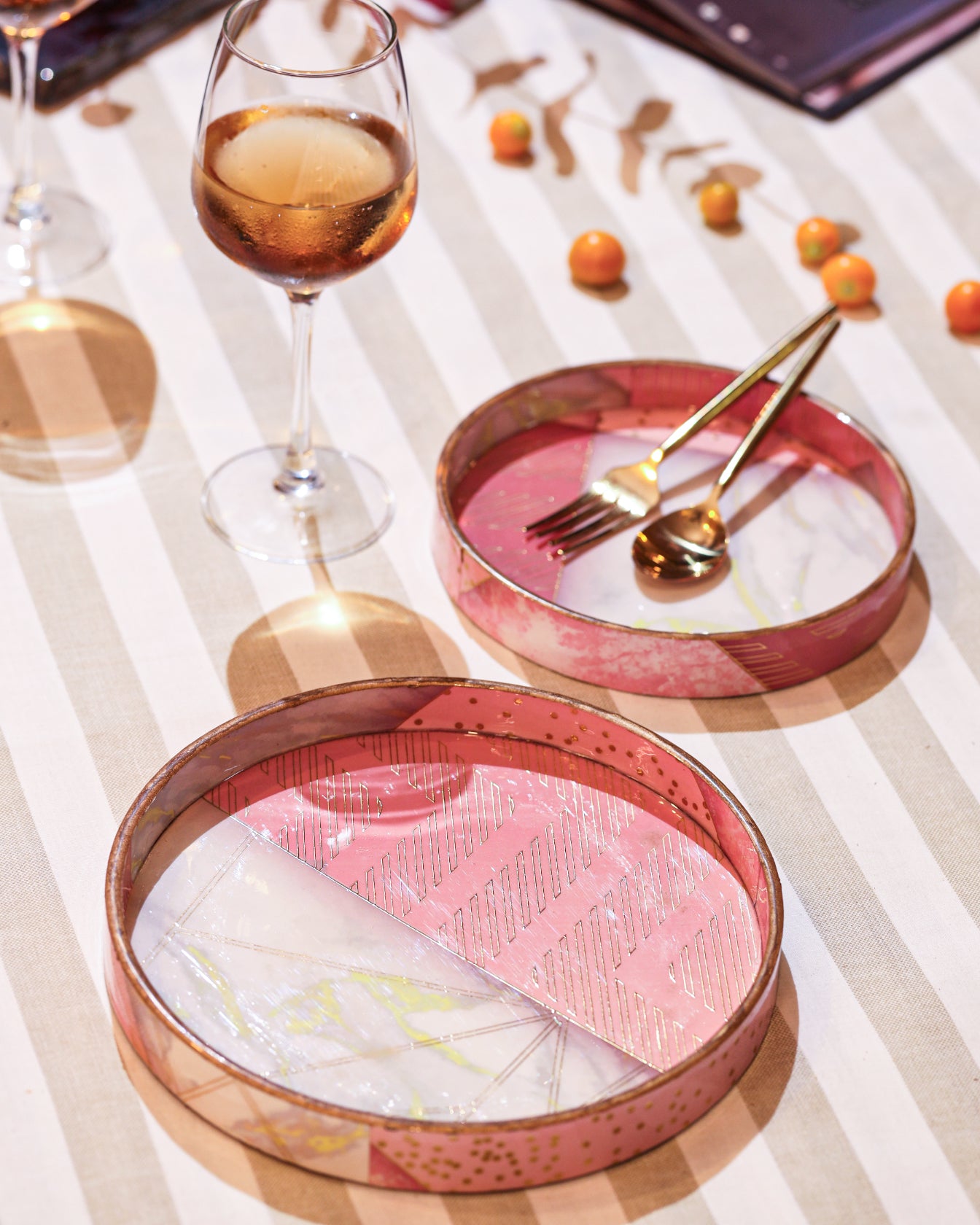 Alamkari India MDF Wood Blush Marble Serving Tray Set