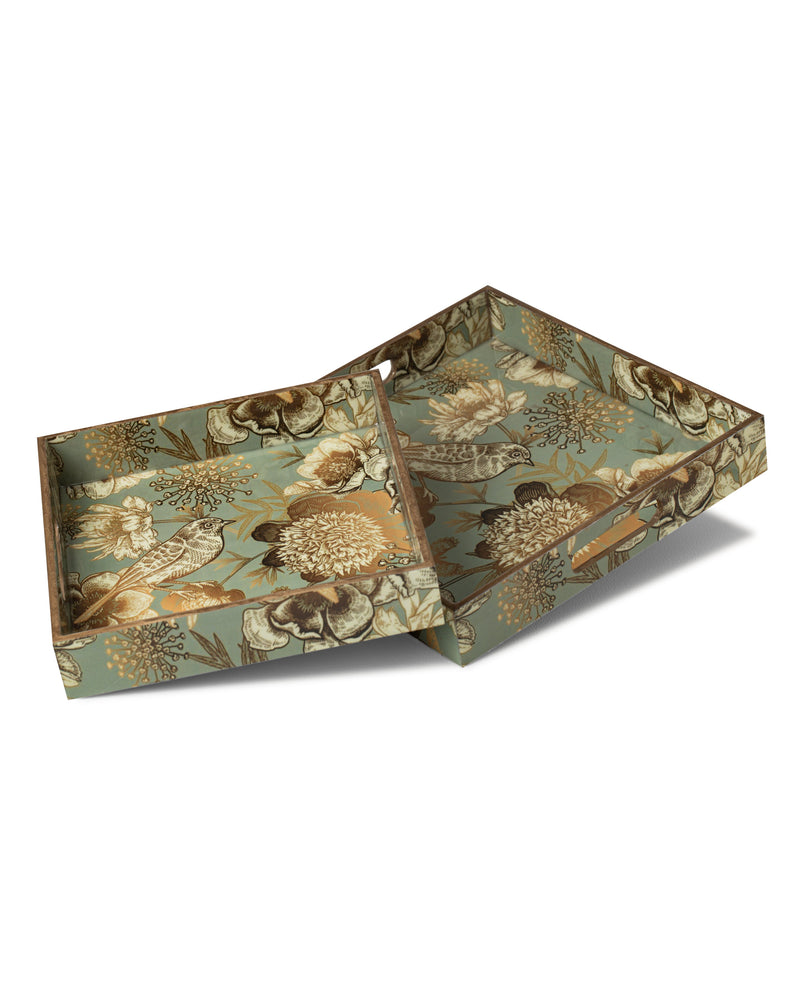 Alamkari India MDF Wood Floral Print Wooden Enamel Trays - Set of 2