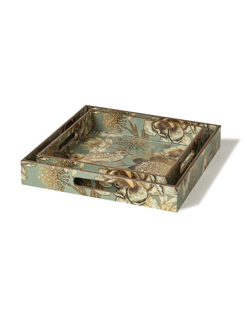 Alamkari India MDF Wood Floral Print Wooden Enamel Trays - Set of 2