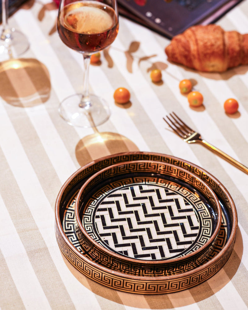 Alamkari India MDF Wood Greek Key Pattern Serving Tray Set