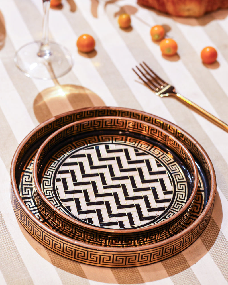 Alamkari India MDF Wood Greek Key Pattern Serving Tray Set
