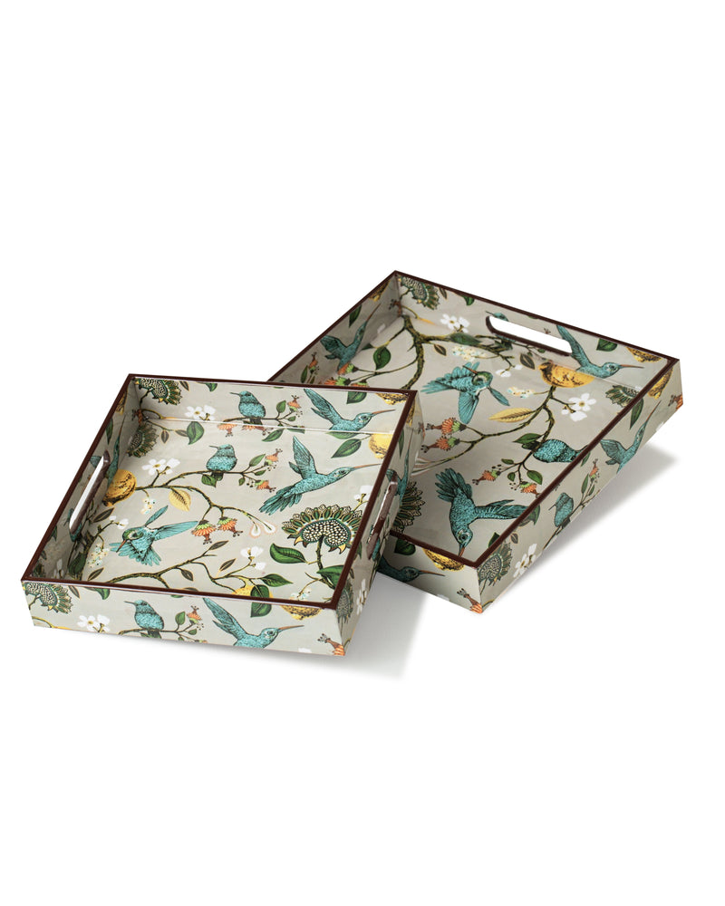 Alamkari India MDF Wood / L-9x9 (inch) S- 8x8 (inch) / Multicolor Floral Bird Perche Tray - Set of 2