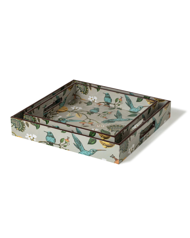 Alamkari India MDF Wood / L-9x9 (inch) S- 8x8 (inch) / Multicolor Floral Bird Perche Tray - Set of 2