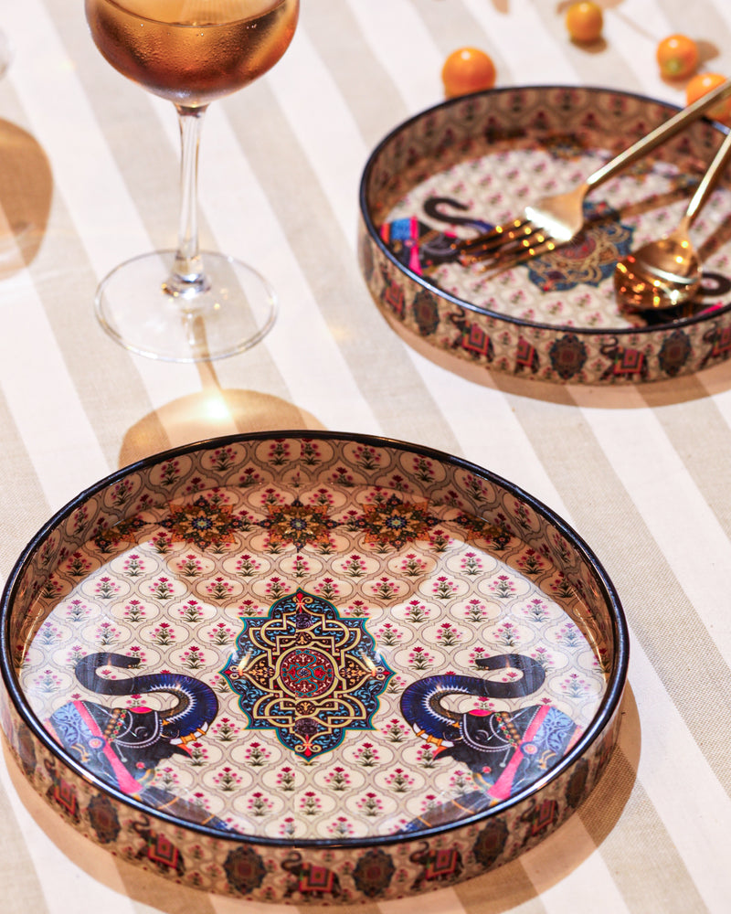 Alamkari India MDF Wood Medallion Print Serving Tray Set