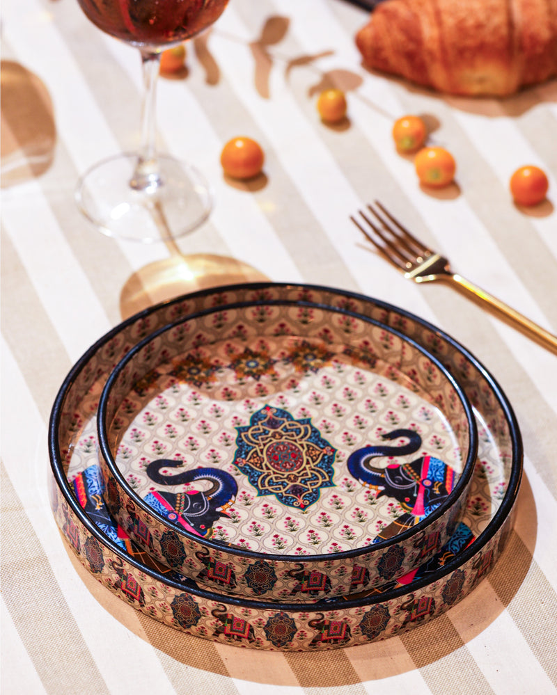 Alamkari India MDF Wood Medallion Print Serving Tray Set