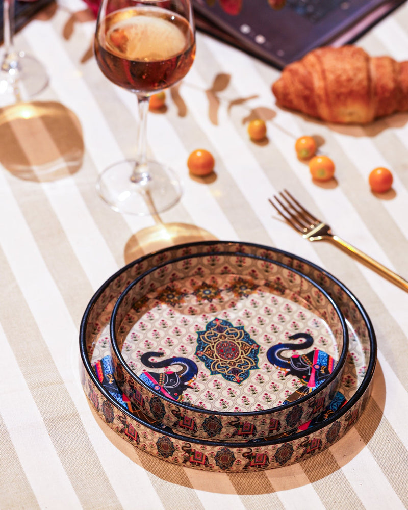 Alamkari India MDF Wood Medallion Print Serving Tray Set