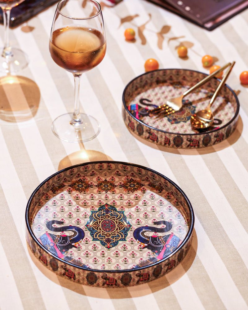Alamkari India MDF Wood Medallion Print Serving Tray Set