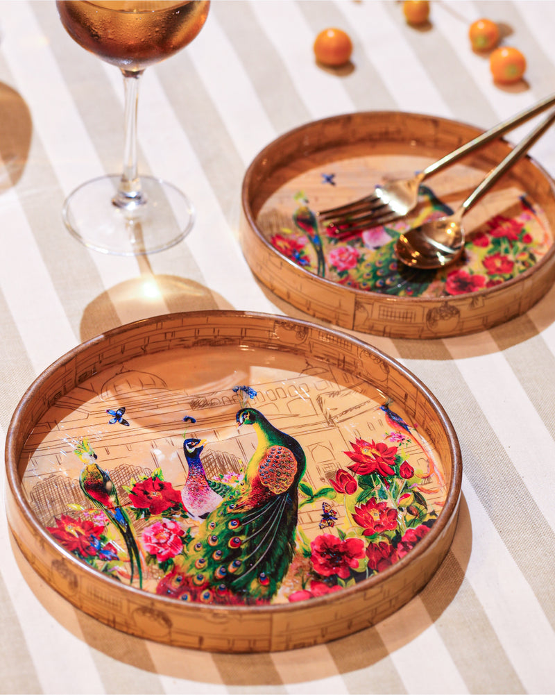 Alamkari India MDF Wood Peacock Garden Serving Tray Set