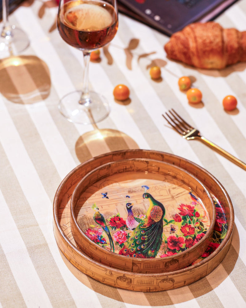 Alamkari India MDF Wood Peacock Garden Serving Tray Set
