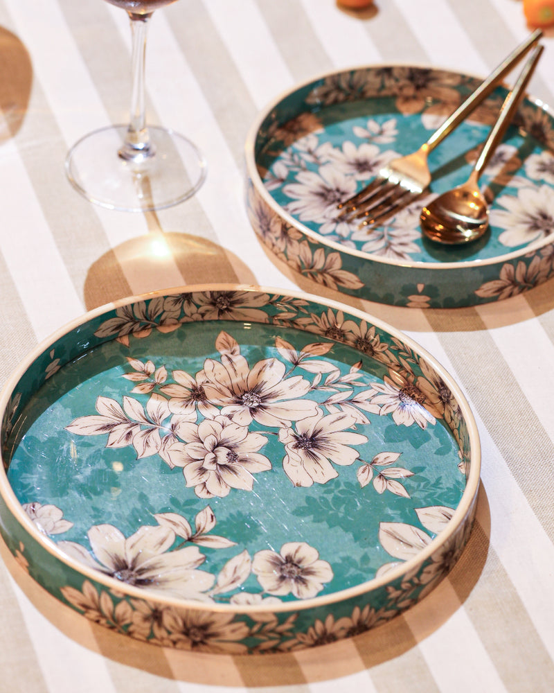 Alamkari India MDF Wood Vintage Floral Serving Tray Set