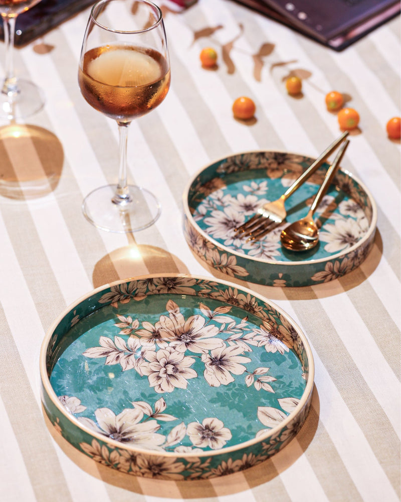 Alamkari India MDF Wood Vintage Floral Serving Tray Set