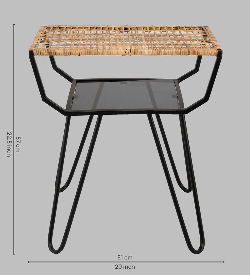 Alamkari India Metal / Rattan Rattan Top Rectangular Side Table with Iron Frame