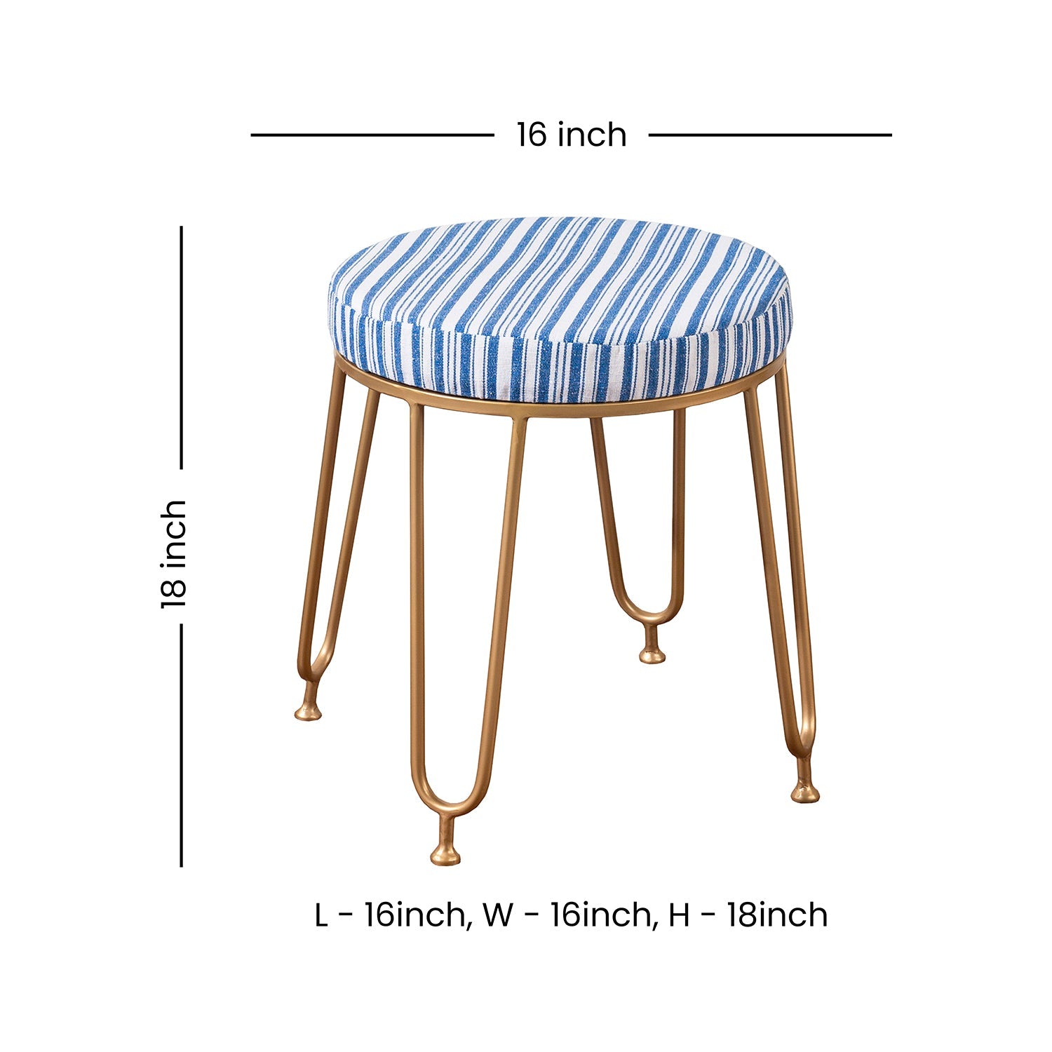 Alamkari India Metal / Velvet Striped Blue Round Stool with Gold Legs