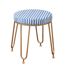 Alamkari India Metal / Velvet Striped Blue Round Stool with Gold Legs