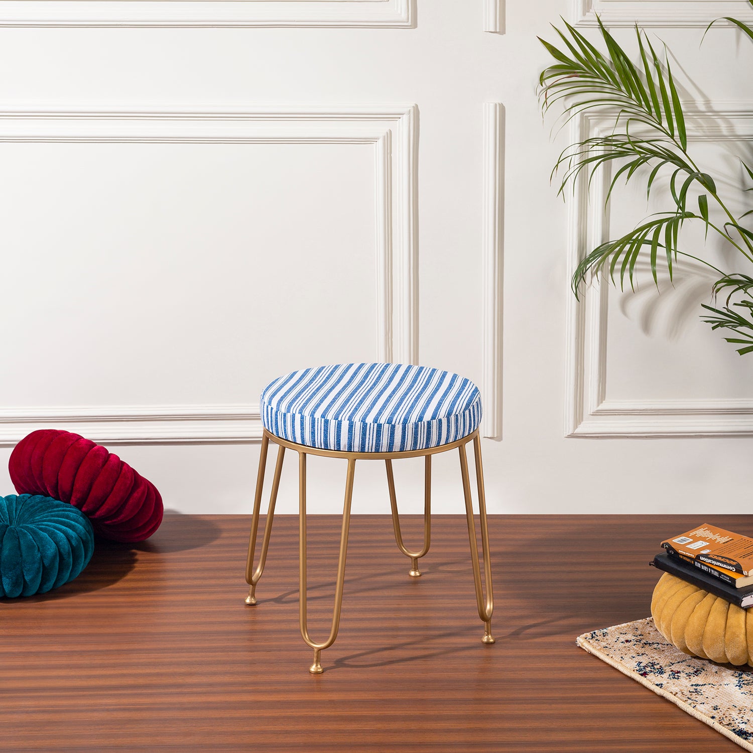 Blue Striped Round Stool – Modern Fabric Seat with Gold Legs – Alamkari