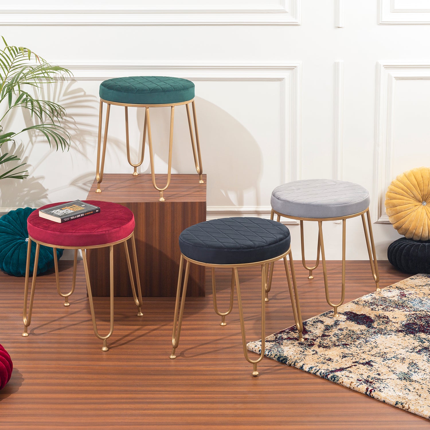 Alamkari India Metal / Velvet Velvet Grey Quilted Round Stool with Gold Legs