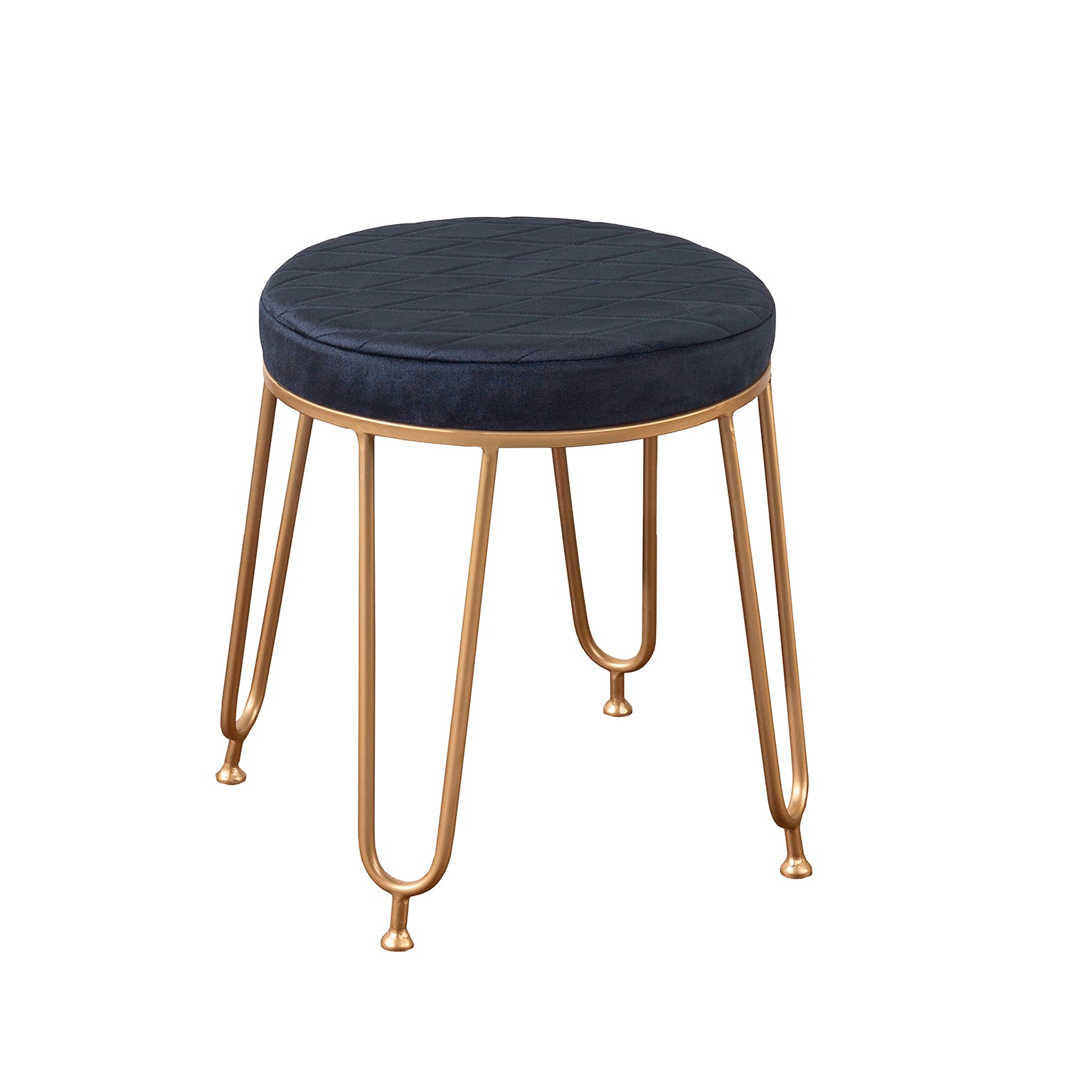 Alamkari India Metal / Velvet Velvet Navy Quilted Round Stool with Gold Legs