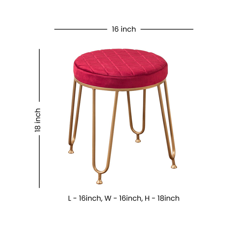 Alamkari India Metal / Velvet Velvet Red Quilted Round Stool with Gold Legs