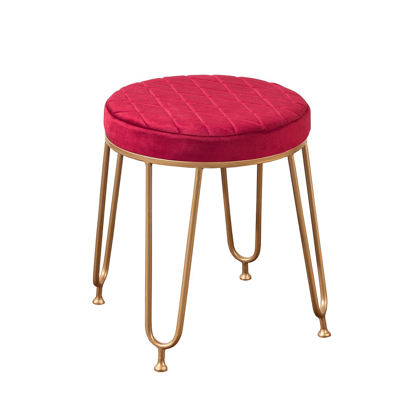 Alamkari India Metal / Velvet Velvet Red Quilted Round Stool with Gold Legs