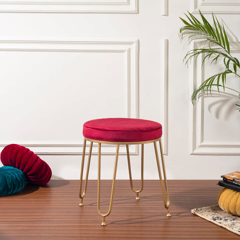 Red Velvet Quilted Stool – Gold Legs Round Design – Alamkari