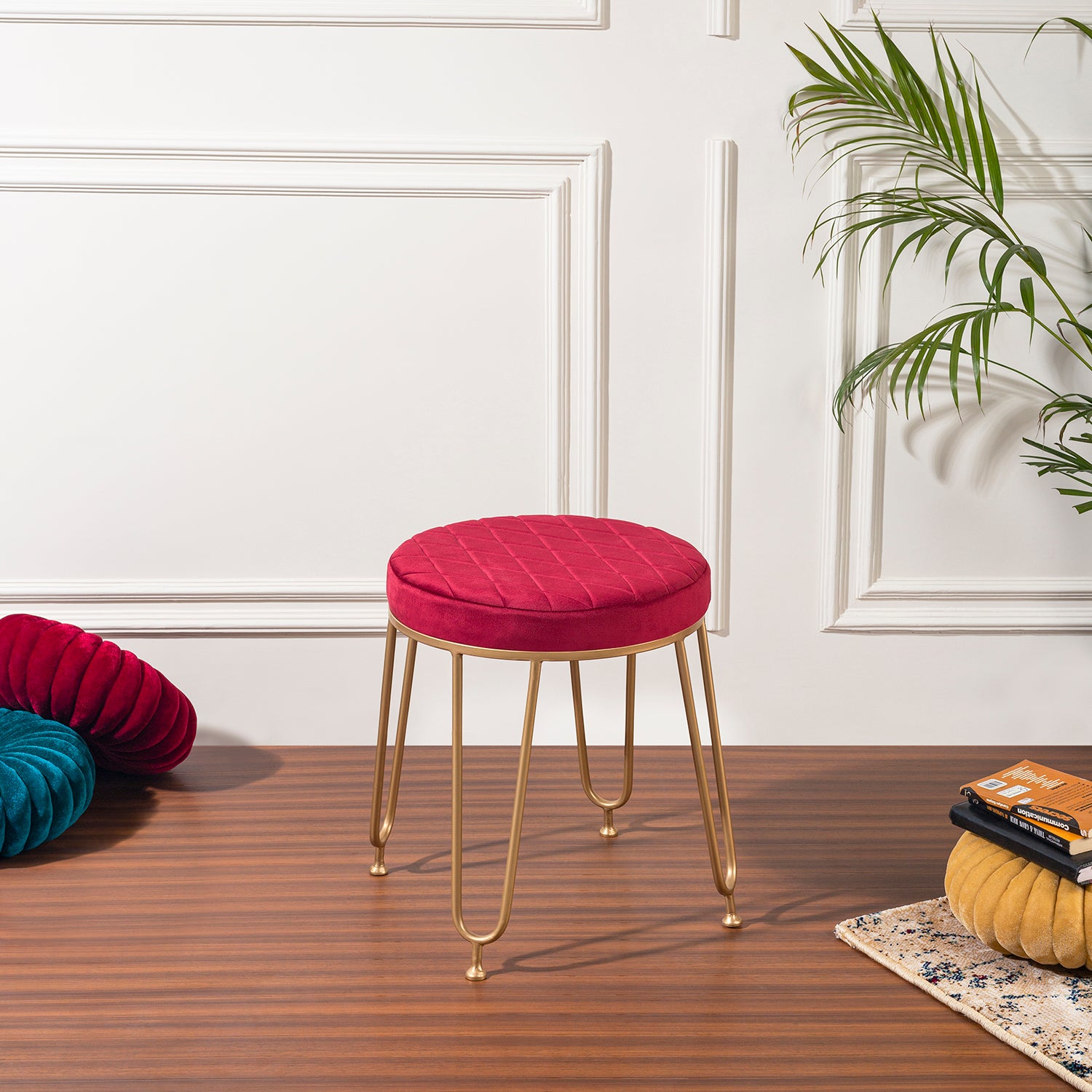 Patterned Red Stool Red Velvet Quilted Stool – Gold Legs Round Design – Alamkari