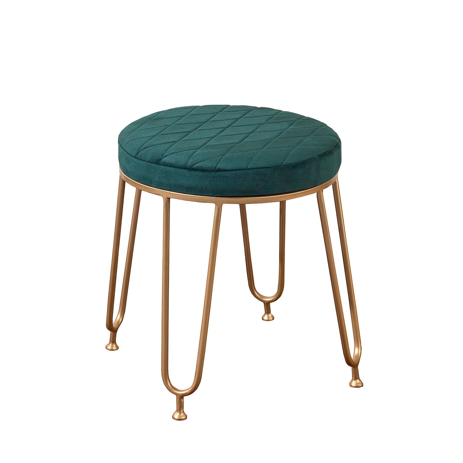 Alamkari India Metal / Velvet Velvet Teal Quilted Round Stool with Gold Legs