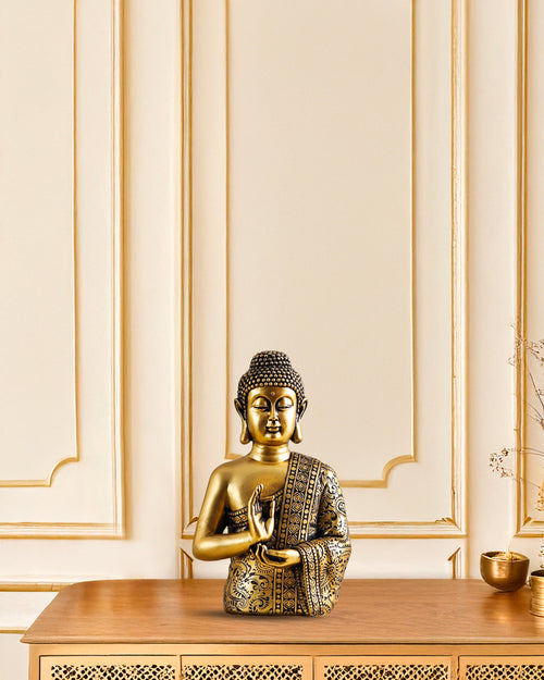 Alamkari India Polyresin Decorative Antique Gold Meditating Buddha Statue, 24 cm