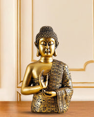 Alamkari India Polyresin Decorative Antique Gold Meditating Buddha Statue, 24 cm