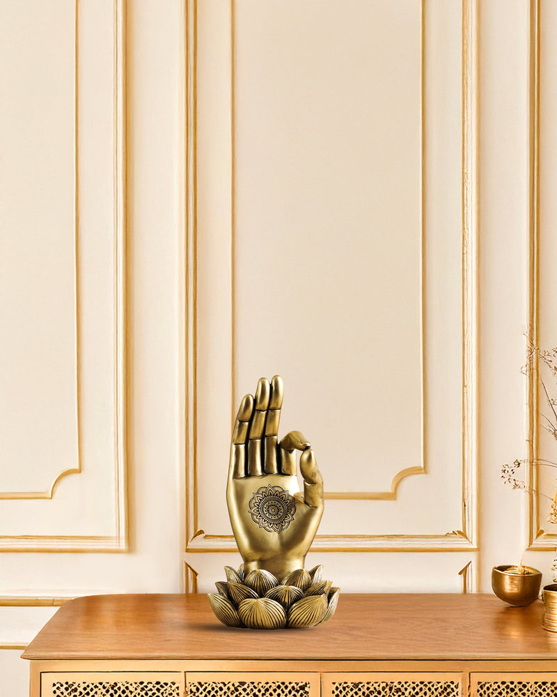 Alamkari India Polyresin Decorative Golden Buddha Lotus Palm Showpiece