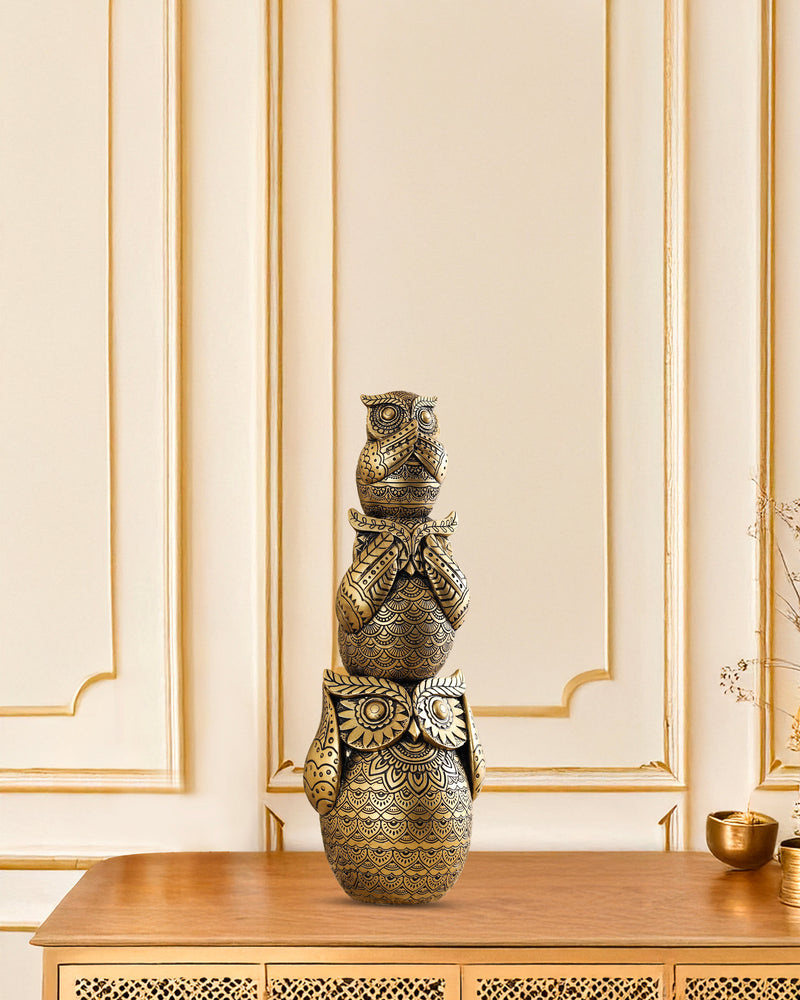 Alamkari India Polyresin Decorative Golden Ornate Three Wise Owls Figurine