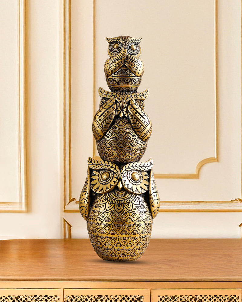 Alamkari India Polyresin Decorative Golden Ornate Three Wise Owls Figurine