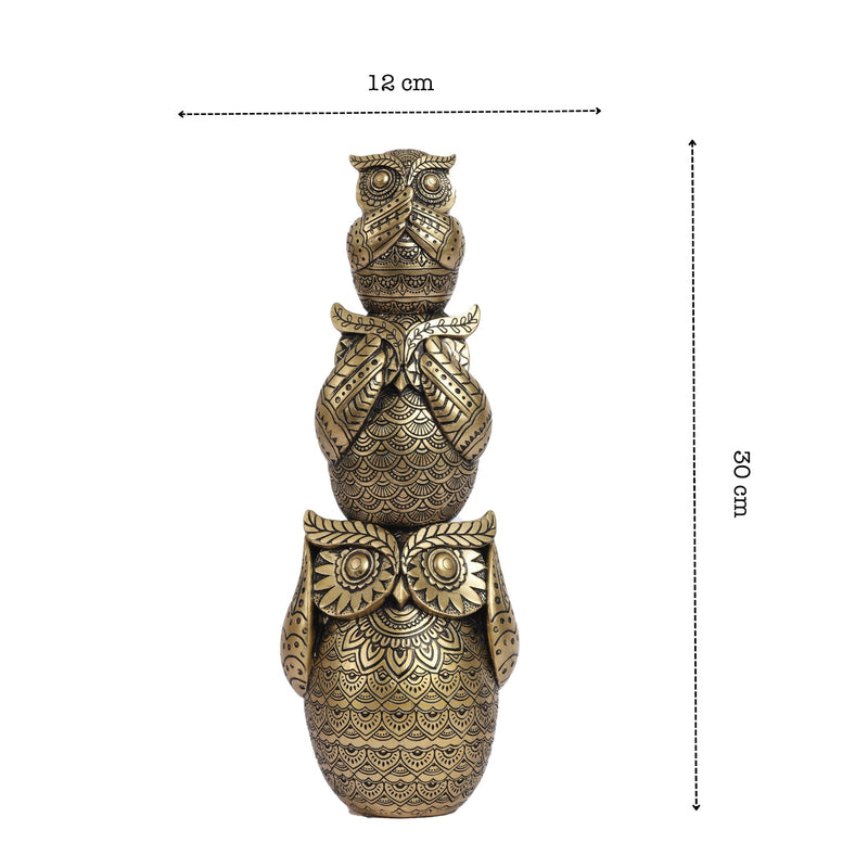Alamkari India Polyresin Decorative Golden Ornate Three Wise Owls Figurine