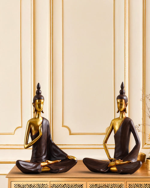 Alamkari India Polyresin Decorative Modern Golden Brown Buddha Showpieces (Set of 2)