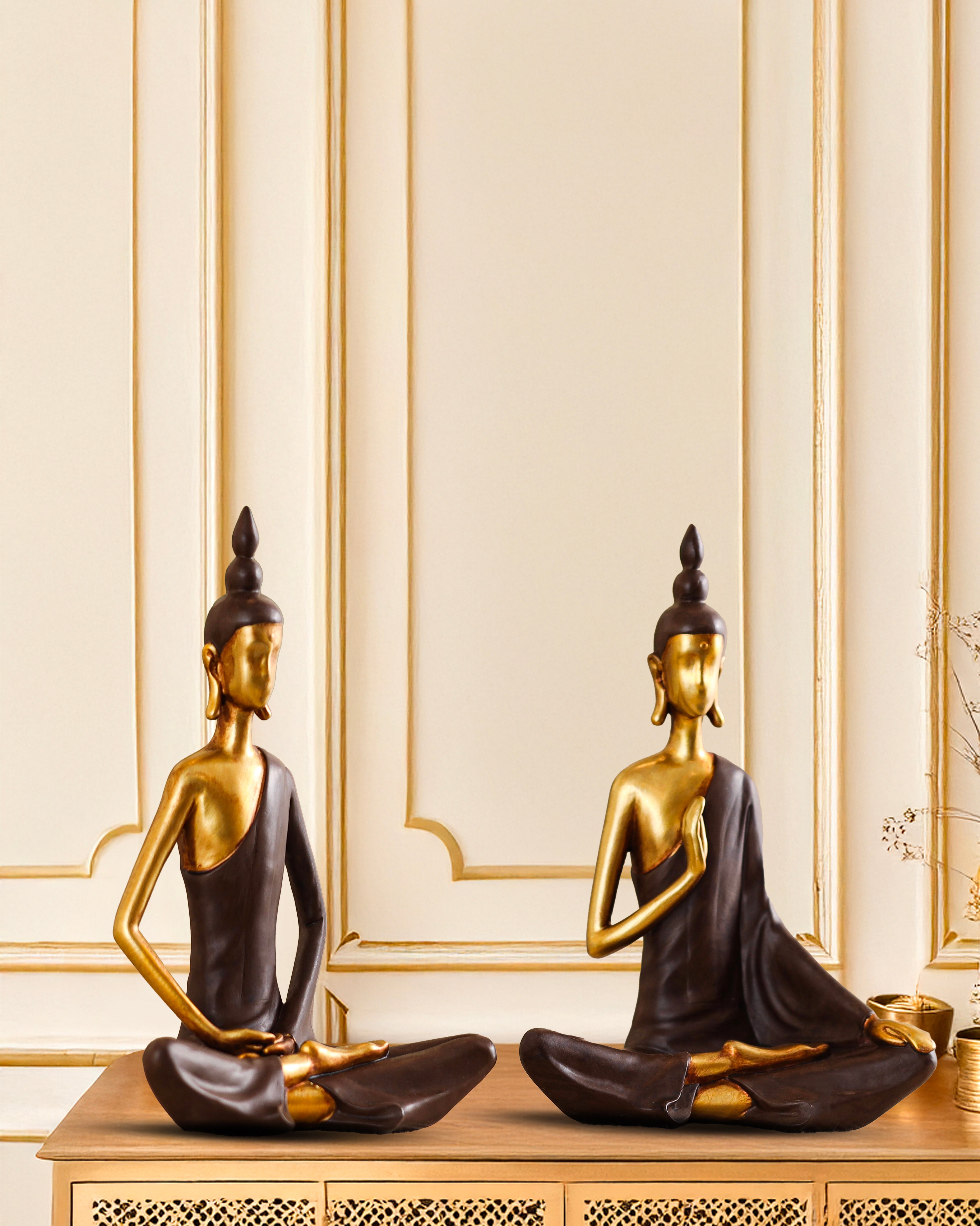 Alamkari India Polyresin Decorative Modern Golden Brown Buddha Showpieces (Set of 2)