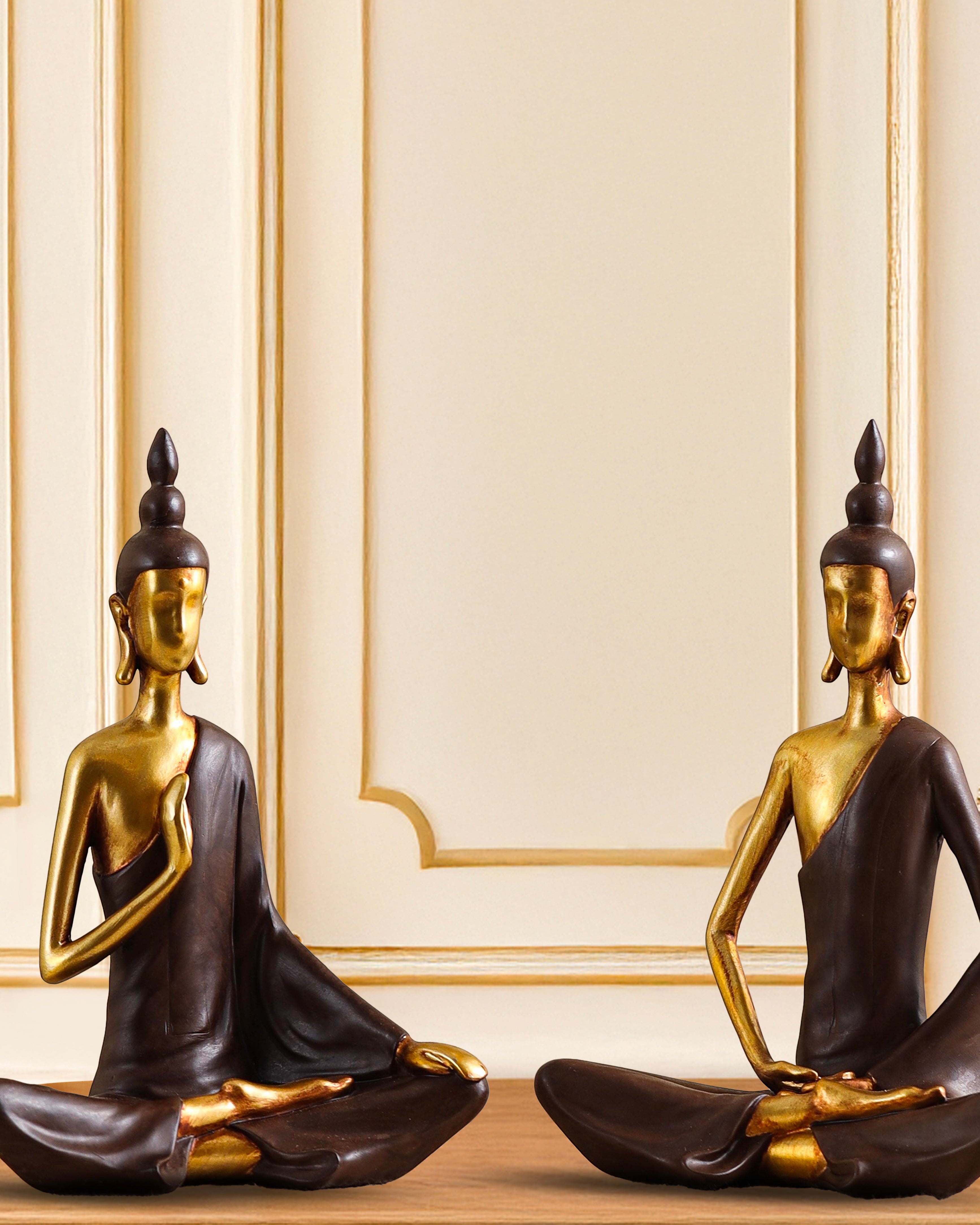 Alamkari India Polyresin Decorative Modern Golden Brown Buddha Showpieces (Set of 2)