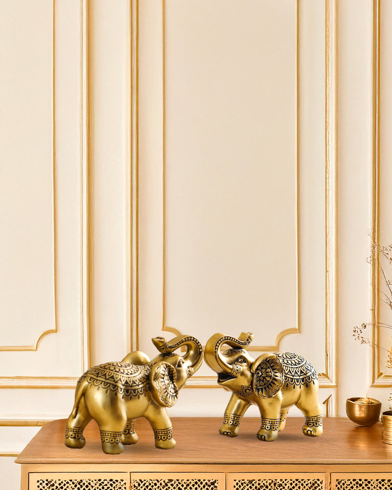 Alamkari India Polyresin Decorative Small Ornate Gold Polyresin Elephant Figurines (Set of 2)