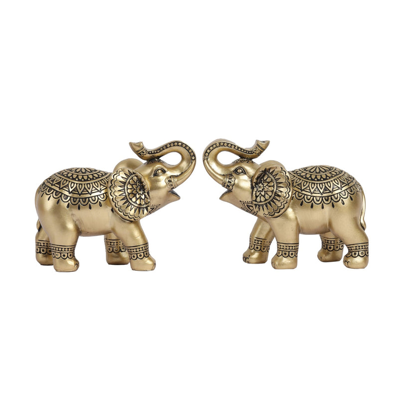 Alamkari India Polyresin Decorative Small Ornate Gold Polyresin Elephant Figurines (Set of 2)