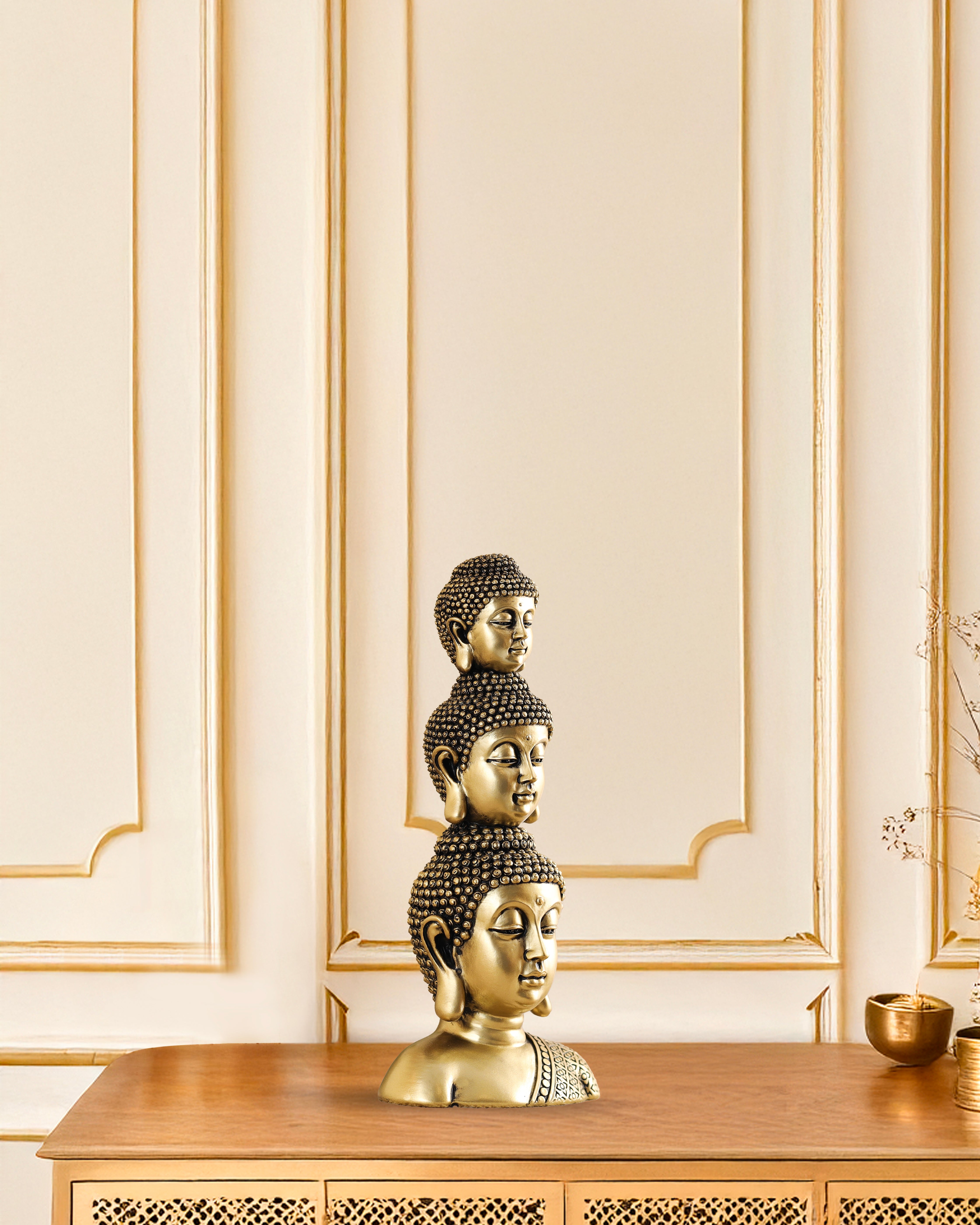 Alamkari India Polyresin Ornate Golden Polyresin Buddha Heads Showpiece