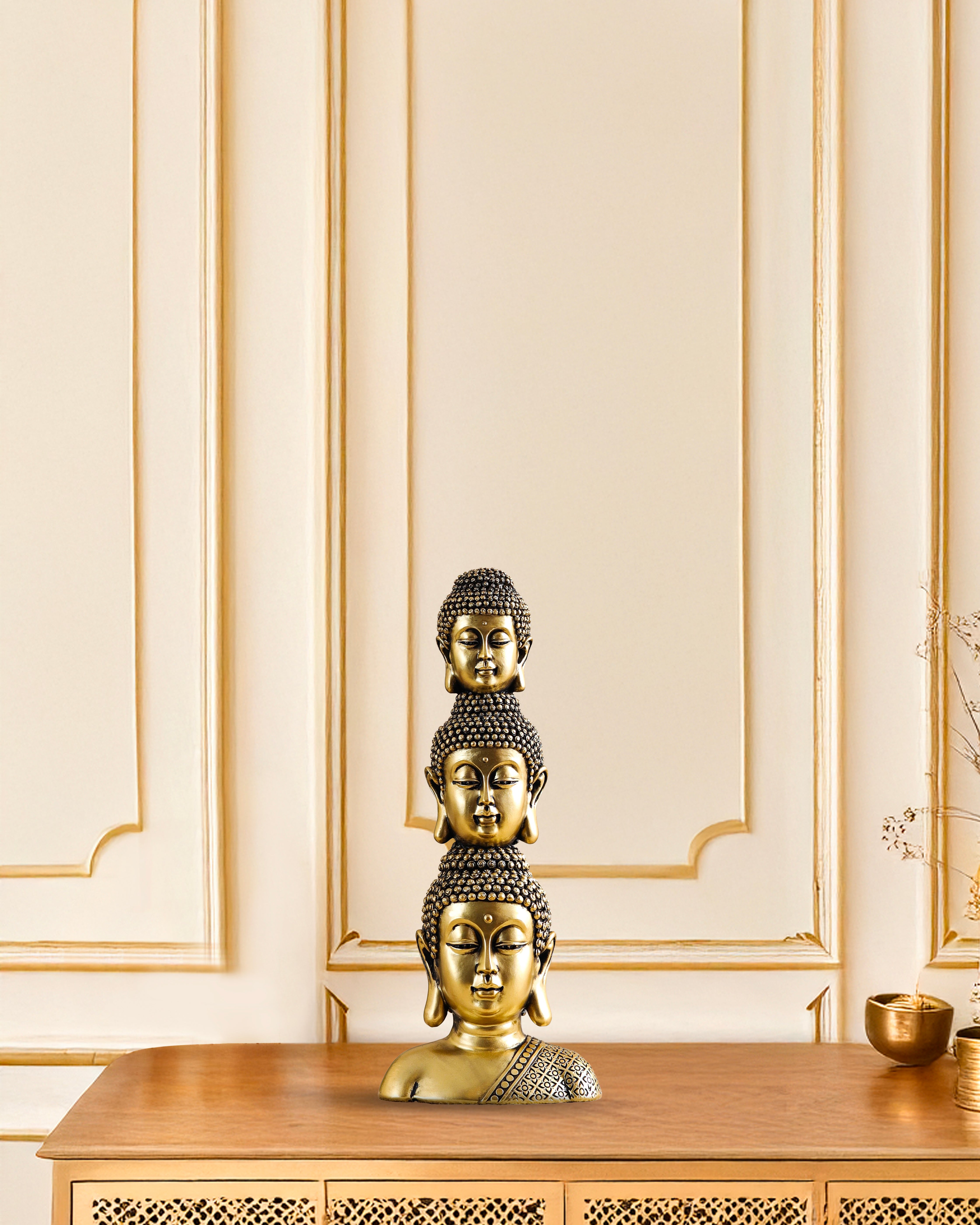 Alamkari India Polyresin Ornate Golden Polyresin Buddha Heads Showpiece