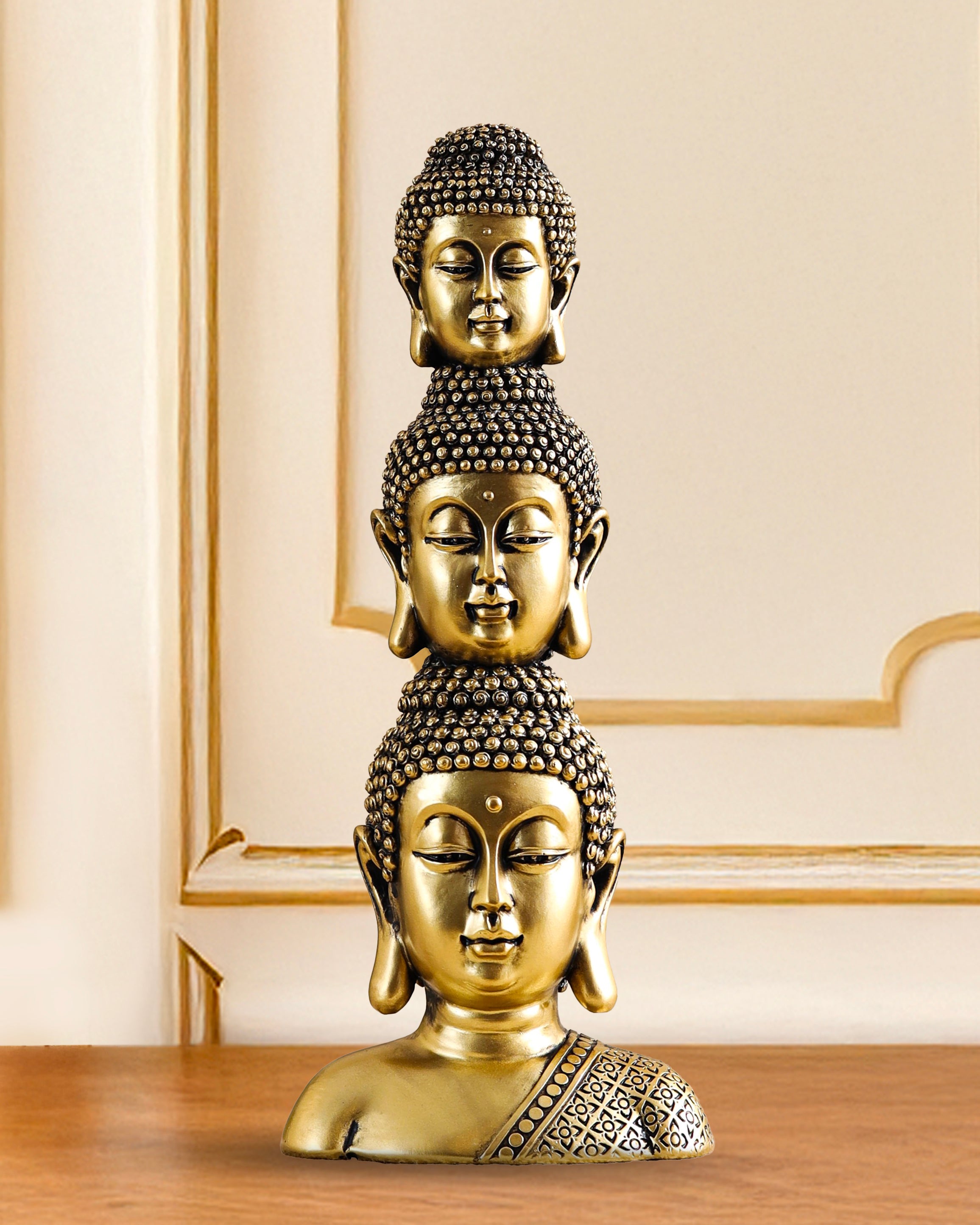 Alamkari India Polyresin Ornate Golden Polyresin Buddha Heads Showpiece